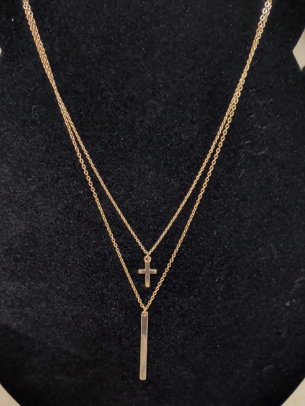 Layered Gold Cross‎ and Bar Pendant Necklace - Women Jewelry